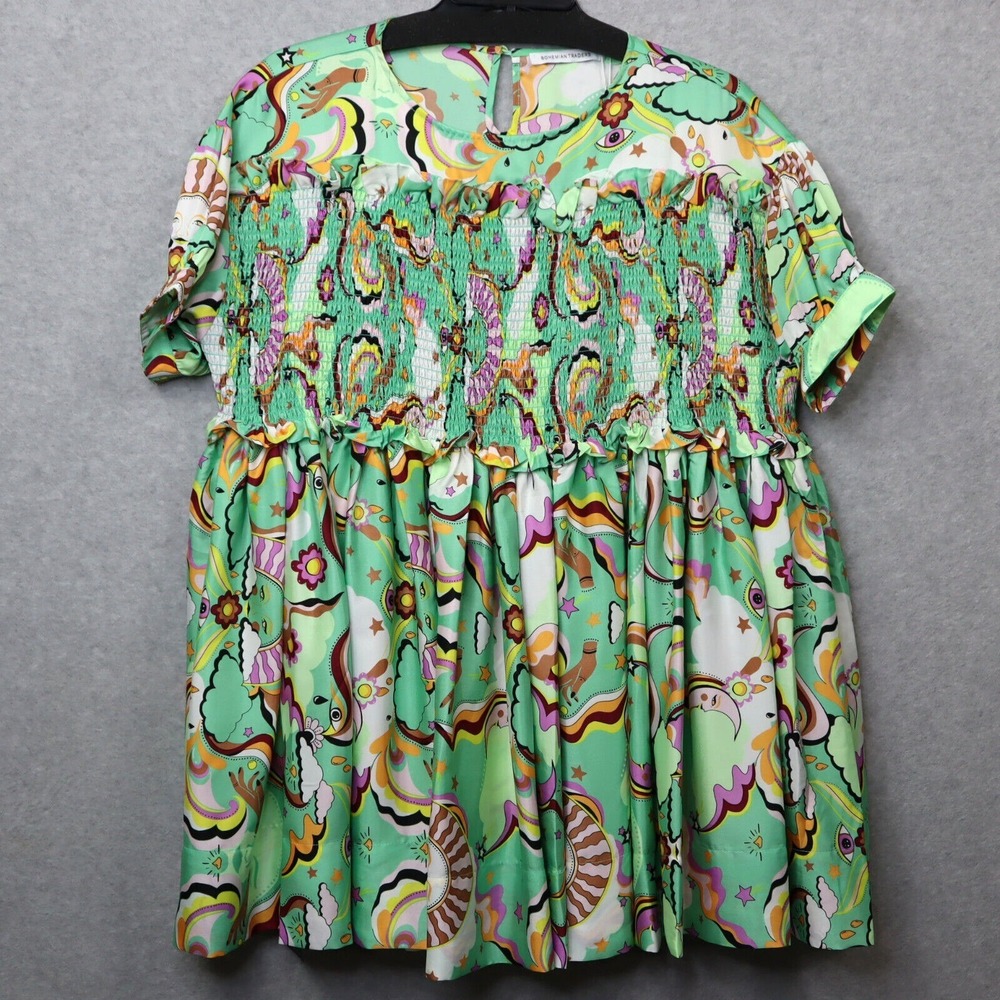 Bohemian Traders Green Psychedelic Mini Dress Shirred‎ Smocked Whimsy XS NEW
